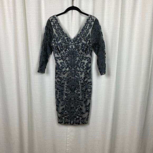 Sue Wong Nocturne Grey Ribbon Embroidered Sheath Cocktail Dress Sz.2 - Picture 2 of 14